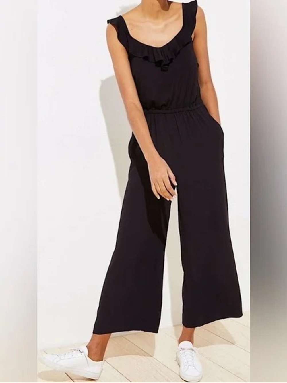 LOFT Black Ruffle-Trim Wide-Leg Jumpsuit